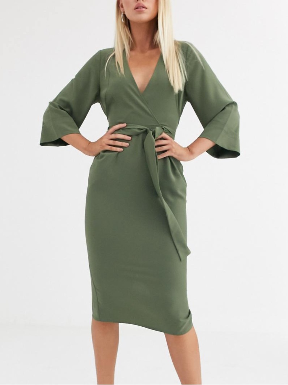 ASOS DESIGN Kimono Sleeve V-Neck Midi Pencil Green Dress Size 4